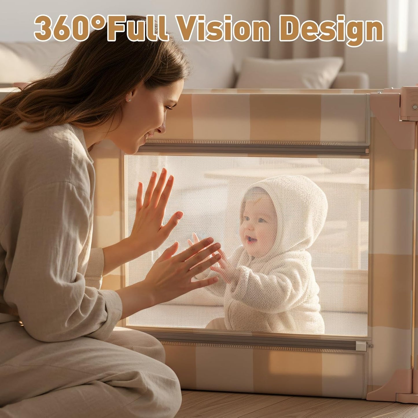 Baby Playpen for Babies and Toddlers, Upgraded 50x50 Inch Foldable No Assembly Required Play Yard with Breathable Mesh, Safe Playard with Gate, Indoor & Outdoor Infants Play Pen (1pc-Sand Checks)