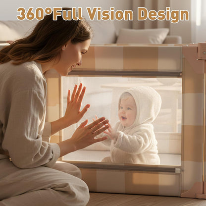 Baby Playpen for Babies and Toddlers, Upgraded 50x50 Inch Foldable No Assembly Required Play Yard with Breathable Mesh, Safe Playard with Gate, Indoor & Outdoor Infants Play Pen (1pc-Sand Checks)