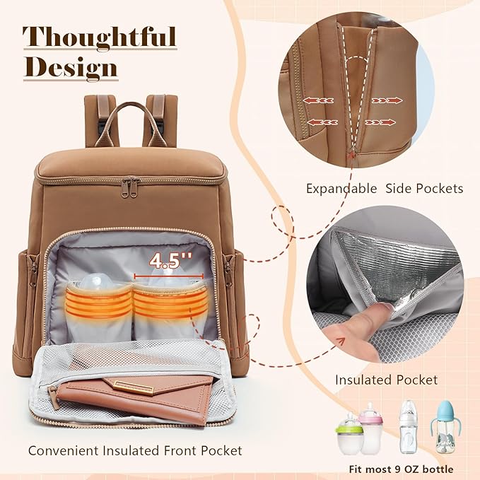 Diaper Bag Backpack, Neoprene Bag Backpack, Large Diaper Backpack with 16 Diaper Bag Organizers, 4 Insulated Pockets, Lighweight Travel Baby Bag with Changing Pad for Mom & Dad, Brown