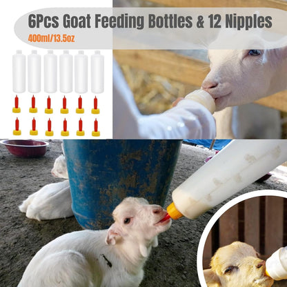 6Pcs Goat Feeding Bottles 400 ml/13.5 oz and 12 Nipples, Lamb and Kid Bottle, Livestock Baby Bottle for Sheep,Lamb,Calf and Other Mammal Feeding Bottles