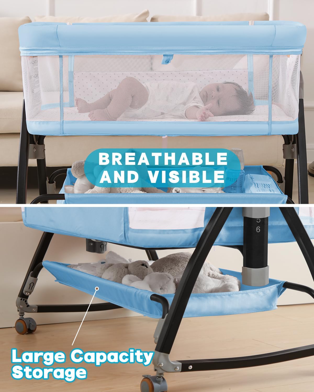 Bedside Bassinet for Baby, 3 in 1 Breathable Mesh Baby Bassinet, 6 Height Adjustable, Easy to Assemble, Bassinet Bedside Sleeper with Wheels, Mosquito Net, Storage Basket, Bassinets for Newborn Baby | Multi-functional