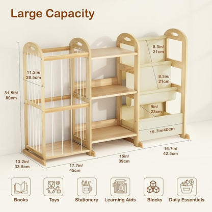 Kids Bookshelf and Toy Storage Organizer, 3-Tier Book Shelf with Stuffed Animal Storage, Kids Toy Book Storage for Bedroom Playroom, Wooden Toy Organizer with 3 Shelves, 49.4" W