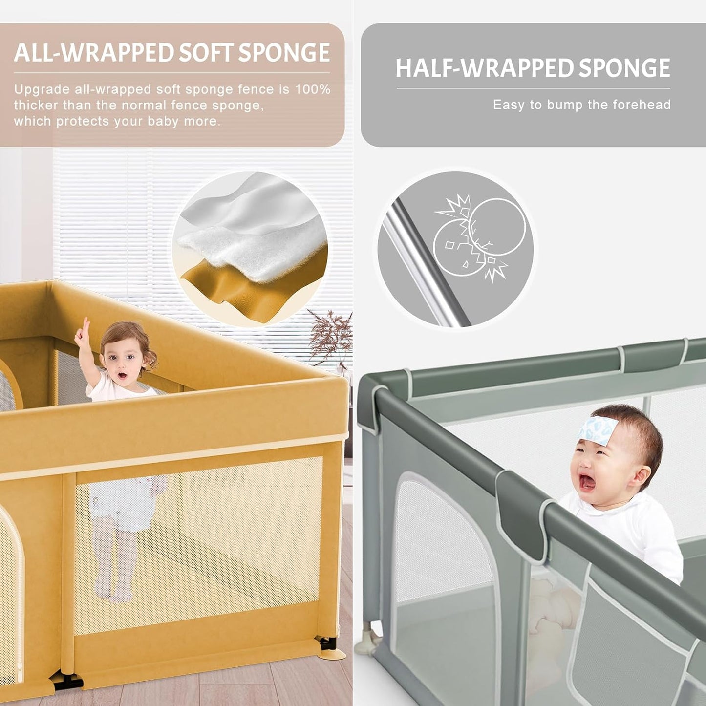 Omzer Baby Playpen with Mat 71"×59" - Extra Large Playpen for Babies and Toddlers with Mat Included, Safety Playard for Baby with Gate, All-Wrapped Soft Sponge Baby Gate Playpen with Stable Mat Velcro