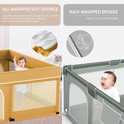 Omzer Baby Playpen with Mat 71"×59" - Extra Large Playpen for Babies and Toddlers with Mat Included, Safety Playard for Baby with Gate, All-Wrapped Soft Sponge Baby Gate Playpen with Stable Mat Velcro