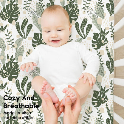 Yoofoss Pack and Play Sheets Fitted, Mini Crib Sheets 2-Pack for Pack N Play Mattress, Stretchy Playard Sheet, Soft and Breathable Green+Giraff