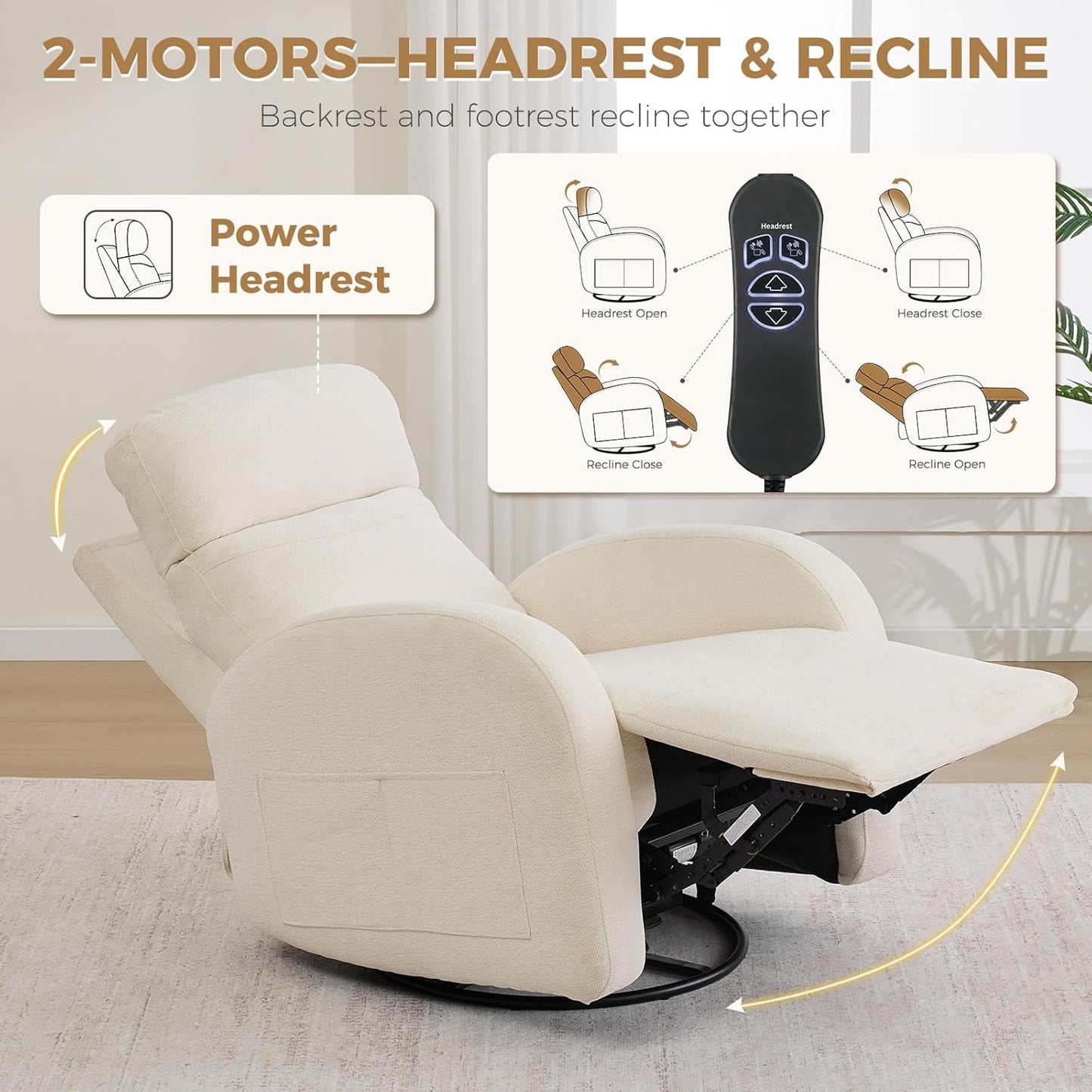 Dual Motors Power Recliner with Adjustable Headrest, Electric Swivel Rocker Recliner for Nursery, Glider Reclining Rocking Nursery Chairs for Small Space, Living Room, Bedroom, Chenille Cream White