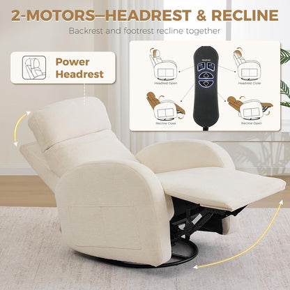 Dual Motors Power Recliner with Adjustable Headrest, Electric Swivel Rocker Recliner for Nursery, Glider Reclining Rocking Nursery Chairs for Small Space, Living Room, Bedroom, Chenille Cream White