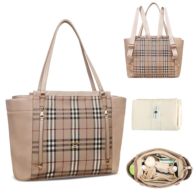 miss fong Checkered Diaper Bag Tote - Leather Diaper Bag Backpack, Large Capacity Mommy Bag Hospital Bag, 12 Pockets Travel Diaper Tote with Changing Pad for Mom Plaid Tote Bag for Women-light brown | Waterproof Leather, Large Capacity