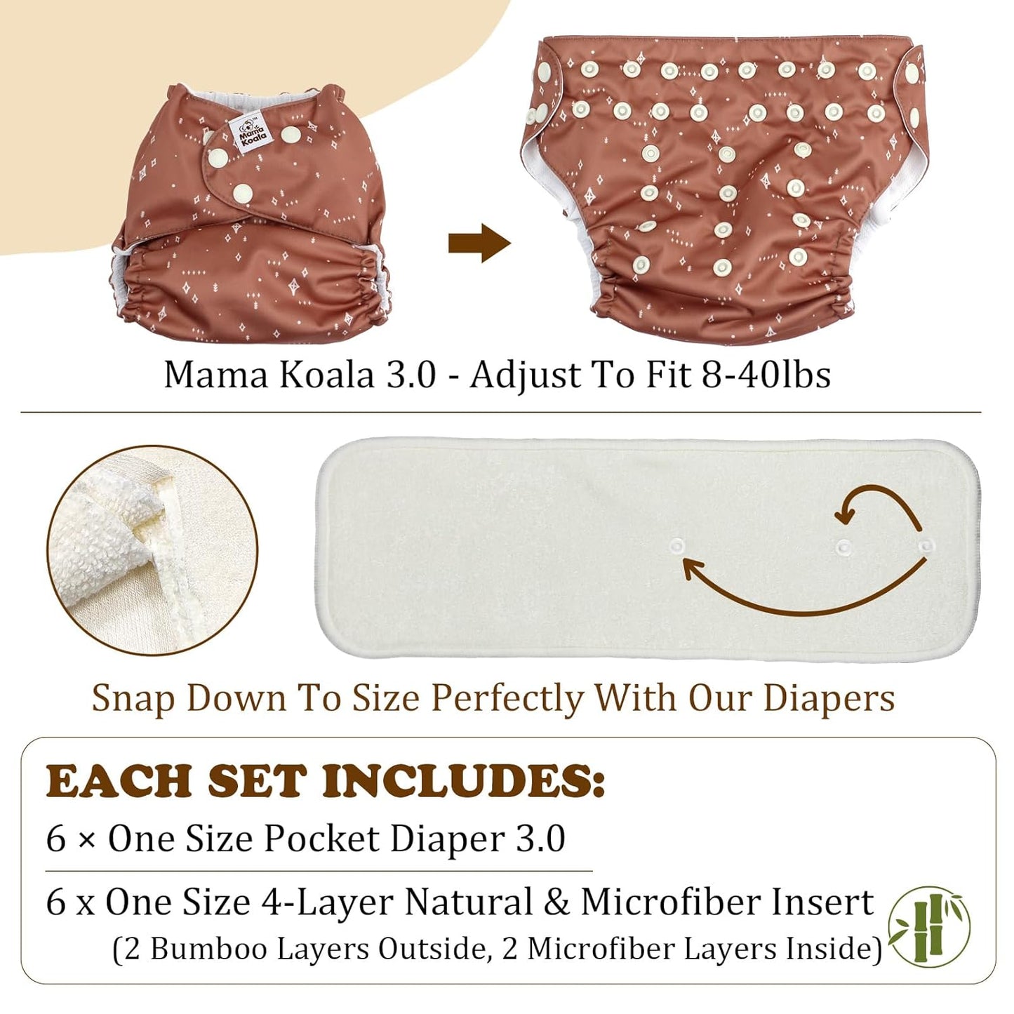 Mama Koala 3.0 Baby Cloth Diapers with 6 Inserts Bundle(Simply Neutrals), with 2 Pack Reusable Pail Liner