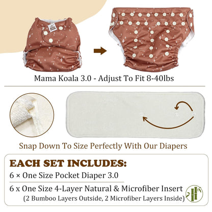 Mama Koala 3.0 Baby Cloth Diapers with 6 Inserts Bundle(Simply Neutrals), with 2 Pack Reusable Pail Liner