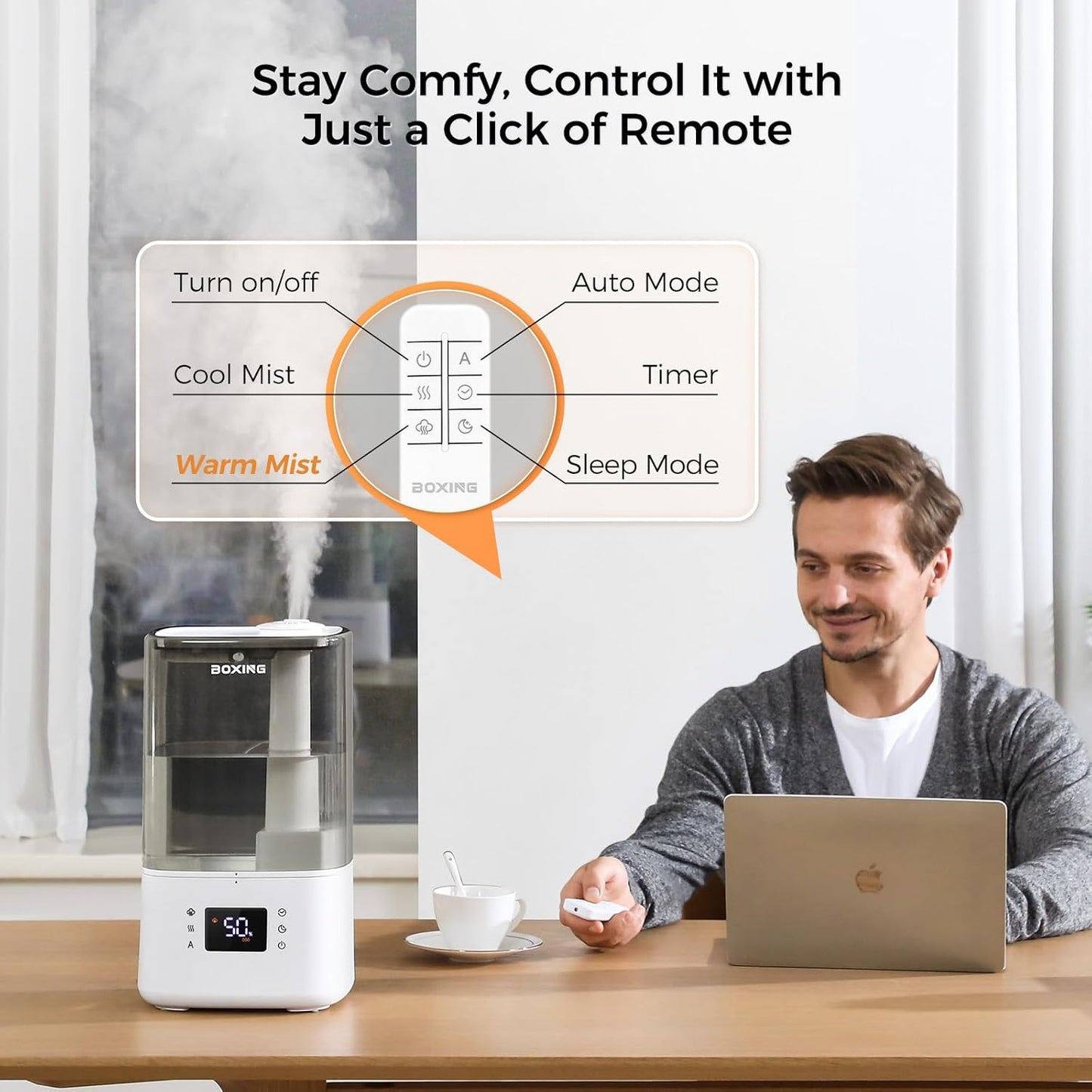 BOXING 4.5L Warm and Cool Mist Ultrasonic Humidifier for Bedroom Large Room, Top Fill Essential Oil Diffuser with Remote, Auto Shut-Off Quiet Sleep Mode, Humidistat, Timer, BPA-Free, 45H Runtime