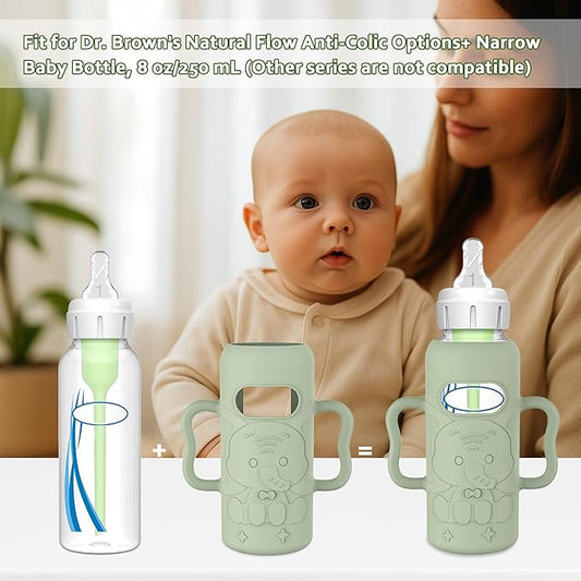 KingKam 4 Pack Silicone Sleeves for Dr. Brown's Glass Baby Bottles, Drop Protection Bottle Sleeves with Handles, Compatible with Dr. Brown's Anti-Colic Options+ Narrow Glass Baby Bottles, 8 oz/250 mL