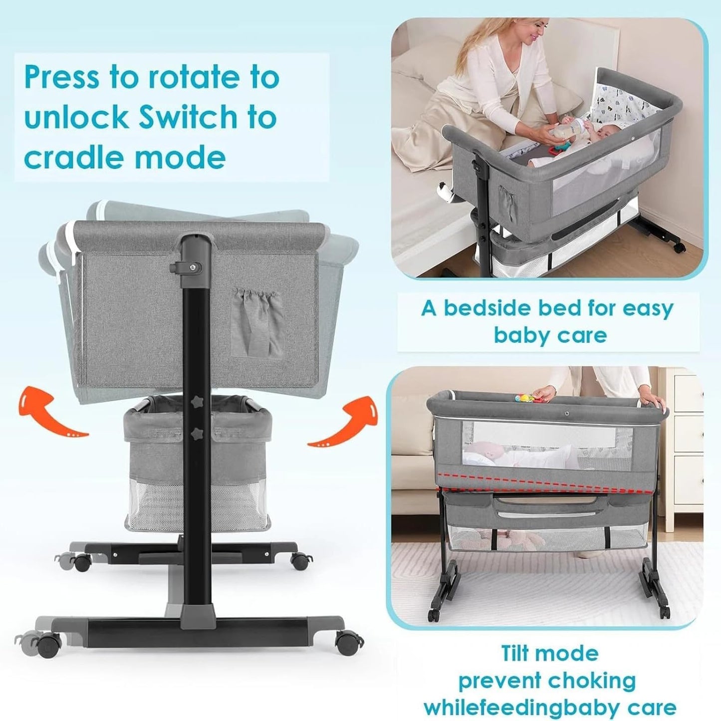Baby Bassinets Bedside Sleeper, 3 in 1 Baby Bassinet, Adjustable Easy Folding Portable Bed, with Mosquito Nets, Large Storage Bag, Comfortable Mattresses, for Infant/Baby/Newborn (Gray)