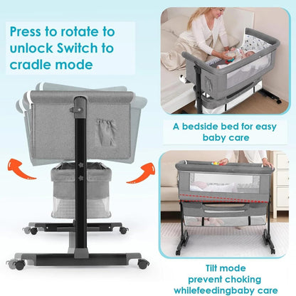 Baby Bassinets Bedside Sleeper, 3 in 1 Baby Bassinet, Adjustable Easy Folding Portable Bed, with Mosquito Nets, Large Storage Bag, Comfortable Mattresses, for Infant/Baby/Newborn (Gray)