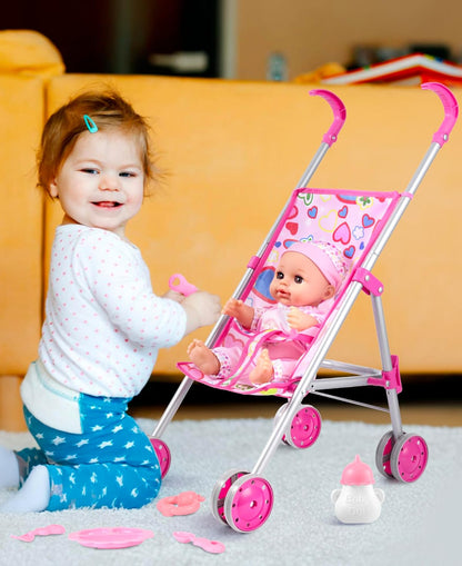 GAGAKU Baby Doll Stroller for Toddlers, Foldable Toy Stroller with Storage Basket and Bag, Diapers - Reborn Doll Accessories for Girls & Kids Ages 3+, Pink