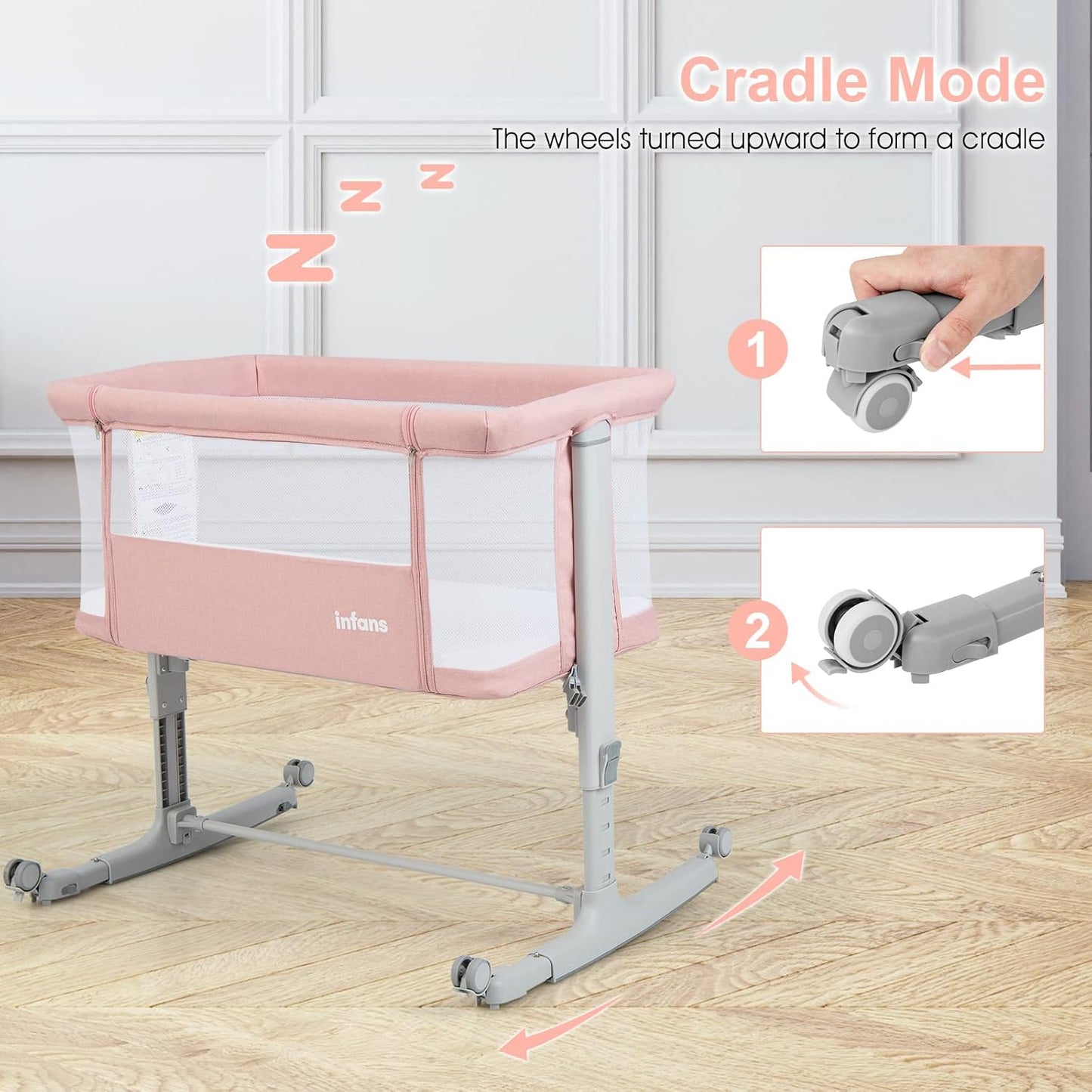 INFANS 3 in 1 Baby Bassinet, Bedside Sleeper for Newborn, Folding Crib with Mattress, Travel Bag, Wheels, 4-Sided Mesh, Easy to Assemble Cradle Co Sleeper Stationary, Rock (Dark Grey)