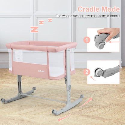 INFANS 3 in 1 Baby Bassinet, Bedside Sleeper for Newborn, Folding Crib with Mattress, Travel Bag, Wheels, 4-Sided Mesh, Easy to Assemble Cradle Co Sleeper Stationary, Rock (Dark Grey)