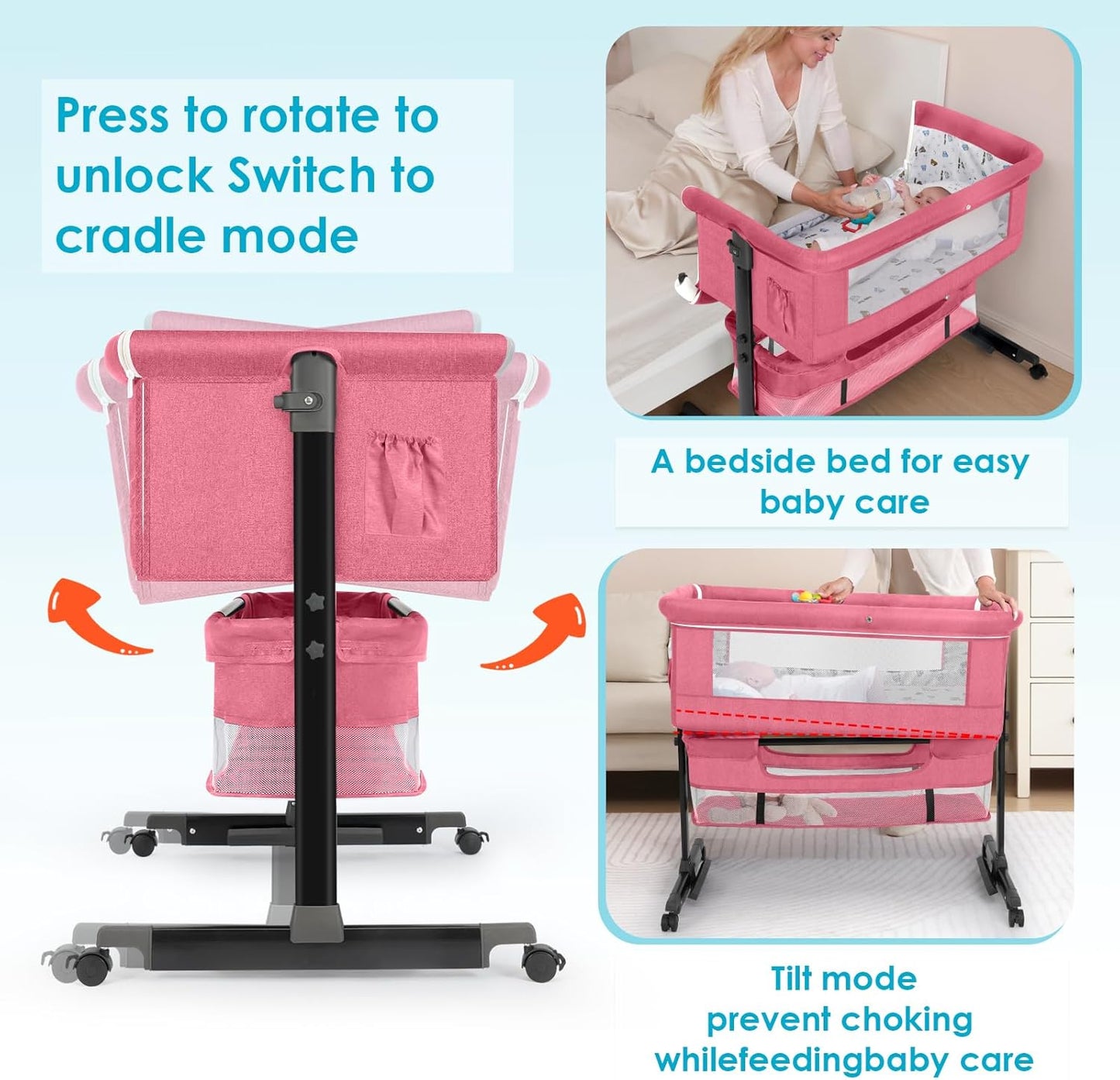 YADAQE Baby Bassinet, Baby Basinet Bedside Sleeper, Easy to Fold Portable Crib Side Bassinet 2025new Style Girl/boy bassinets(Light Grey)