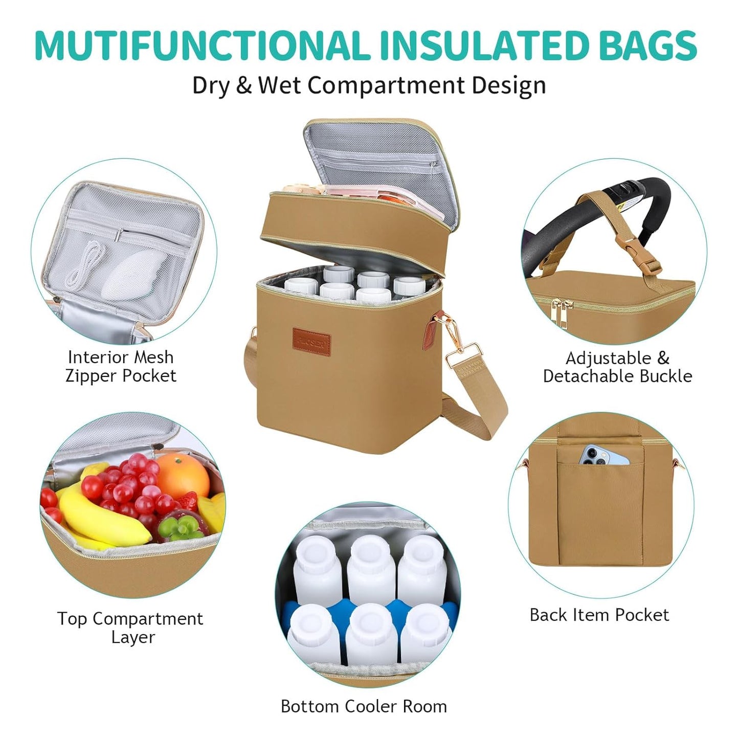 PIIOSER Breastmilk Cooler Bag with Ice Pack Fits 6 Baby Bottles Up to 9 Ounce, Insulated Baby Bottle Tote Bags, Double Layer Waterproof Leak-Proof with Shoulder Strap for Nursing & Working Mom (Grey)
