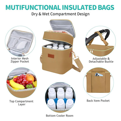 PIIOSER Breastmilk Cooler Bag with Ice Pack Fits 6 Baby Bottles Up to 9 Ounce, Insulated Baby Bottle Tote Bags, Double Layer Waterproof Leak-Proof with Shoulder Strap for Nursing & Working Mom (Grey)