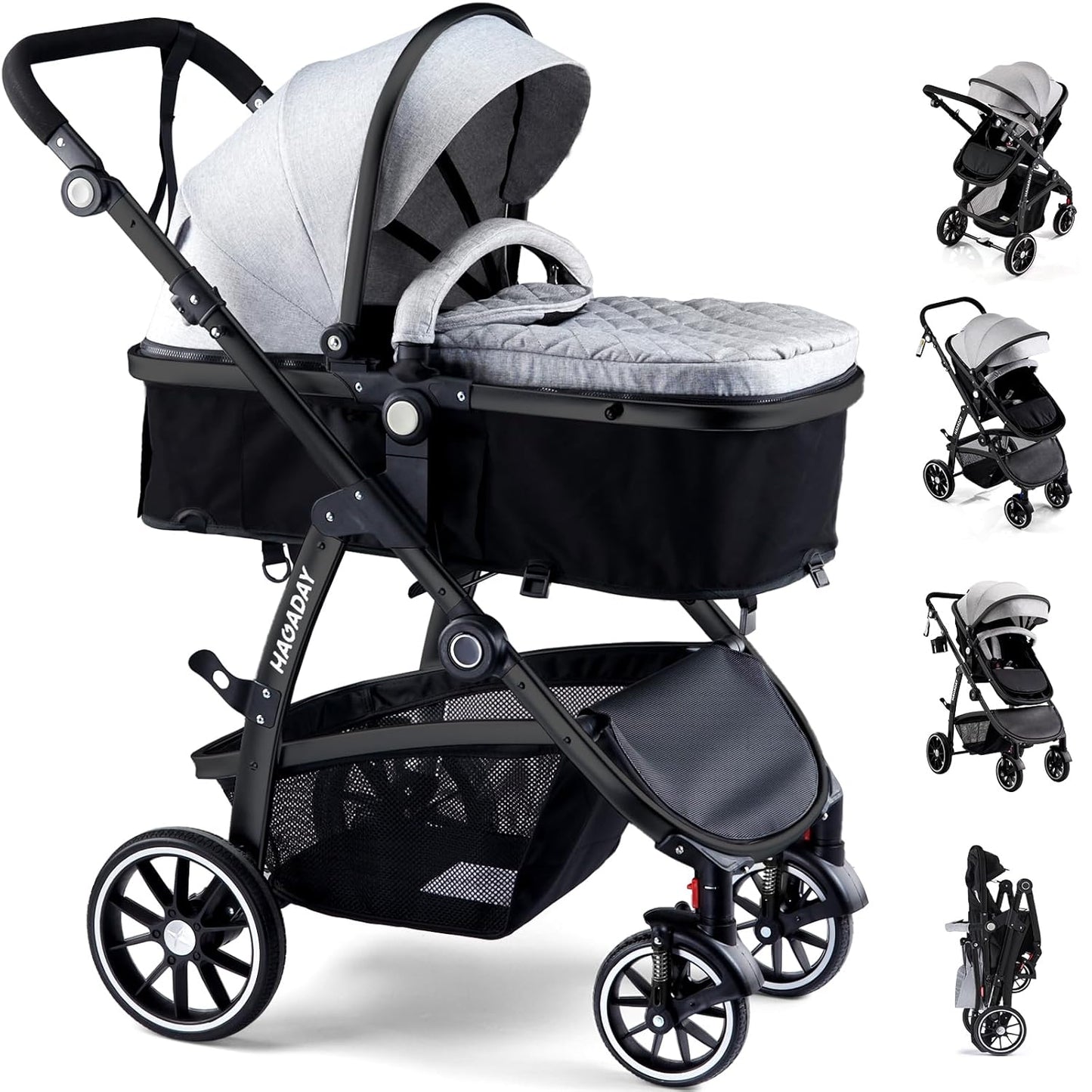 Baby Stroller, 2-in-1 Reversible Toddler Seat with Lie-Flat Mode, Foldable Infant Stroller with Canopy, One Button Brake, Adjustable Handle, Newborn Pushchair (Black B)