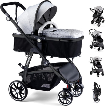 Baby Stroller, 2-in-1 Reversible Toddler Seat with Lie-Flat Mode, Foldable Infant Stroller with Canopy, One Button Brake, Adjustable Handle, Newborn Pushchair (Black B)