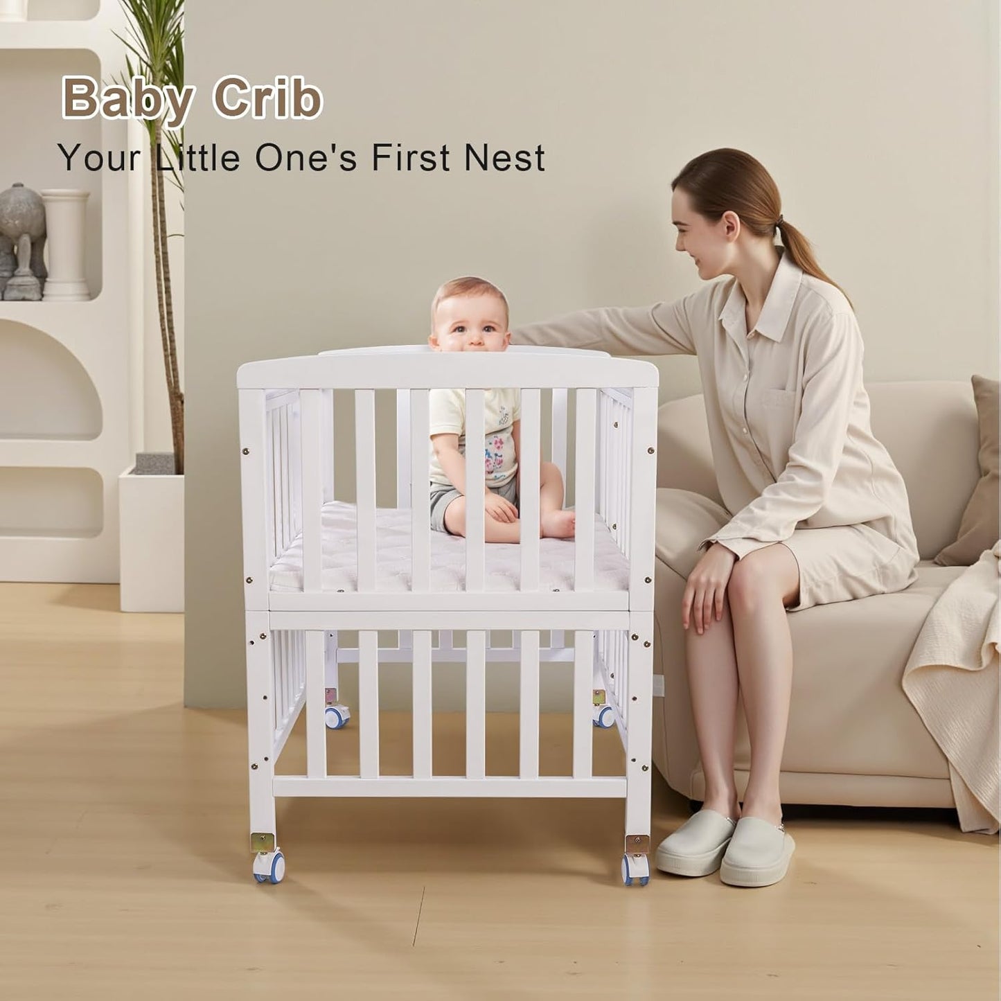 Flwrgirl Baby Bassinets Bedside Sleeper - Portable Pine Wood Bedside Bassinet with Mattress,3 Heights Small Mini Crib,Baby Crib for Newborns,Unpainted | Pine Wood Bassinet, Mattress Included, 3-IN-1 Convertible, Adjustable Height, Locking Wheels, Portalbe