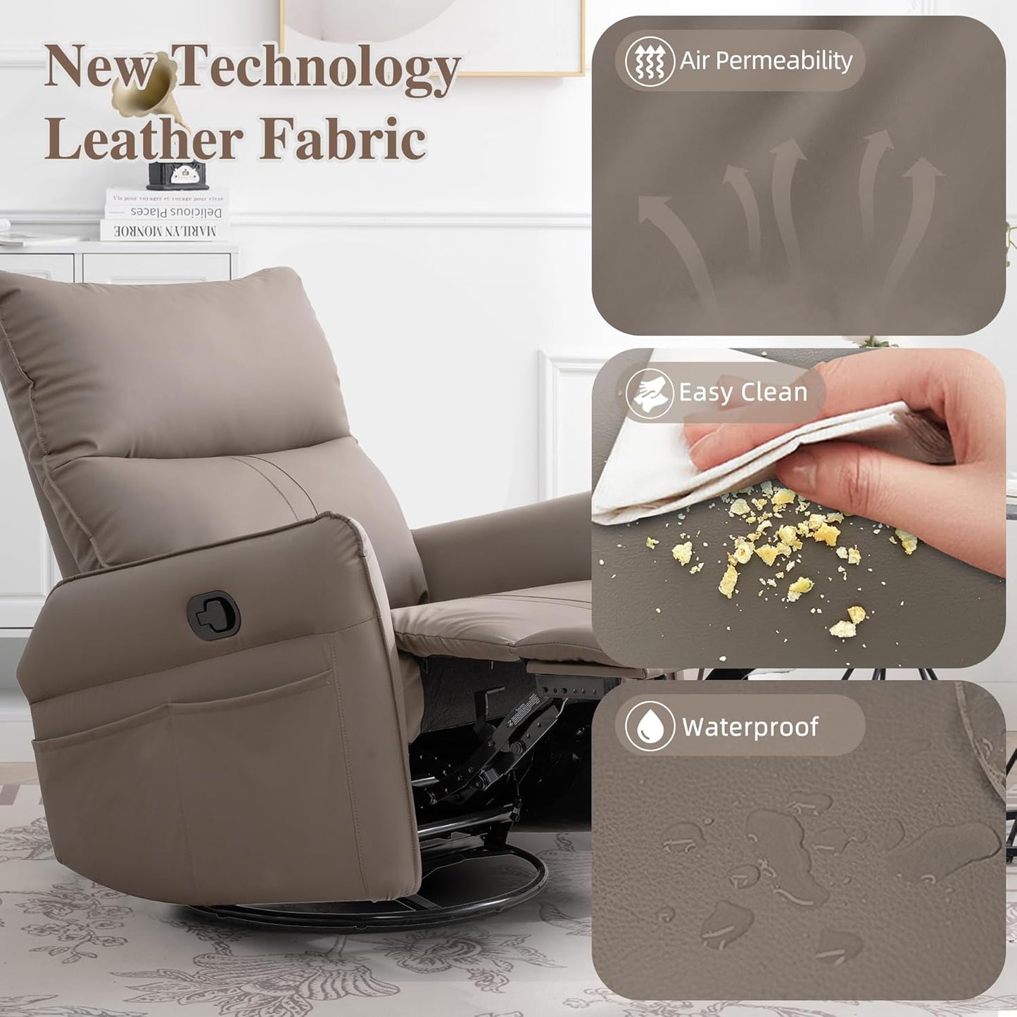Power Swivel Rocker Recliner Chair for Nursery, Upholstered Snowflake Velvet 270°Swivel Glider Rocker Chair with USB Ports, Small Power Recliners for Small Spaces Living Room