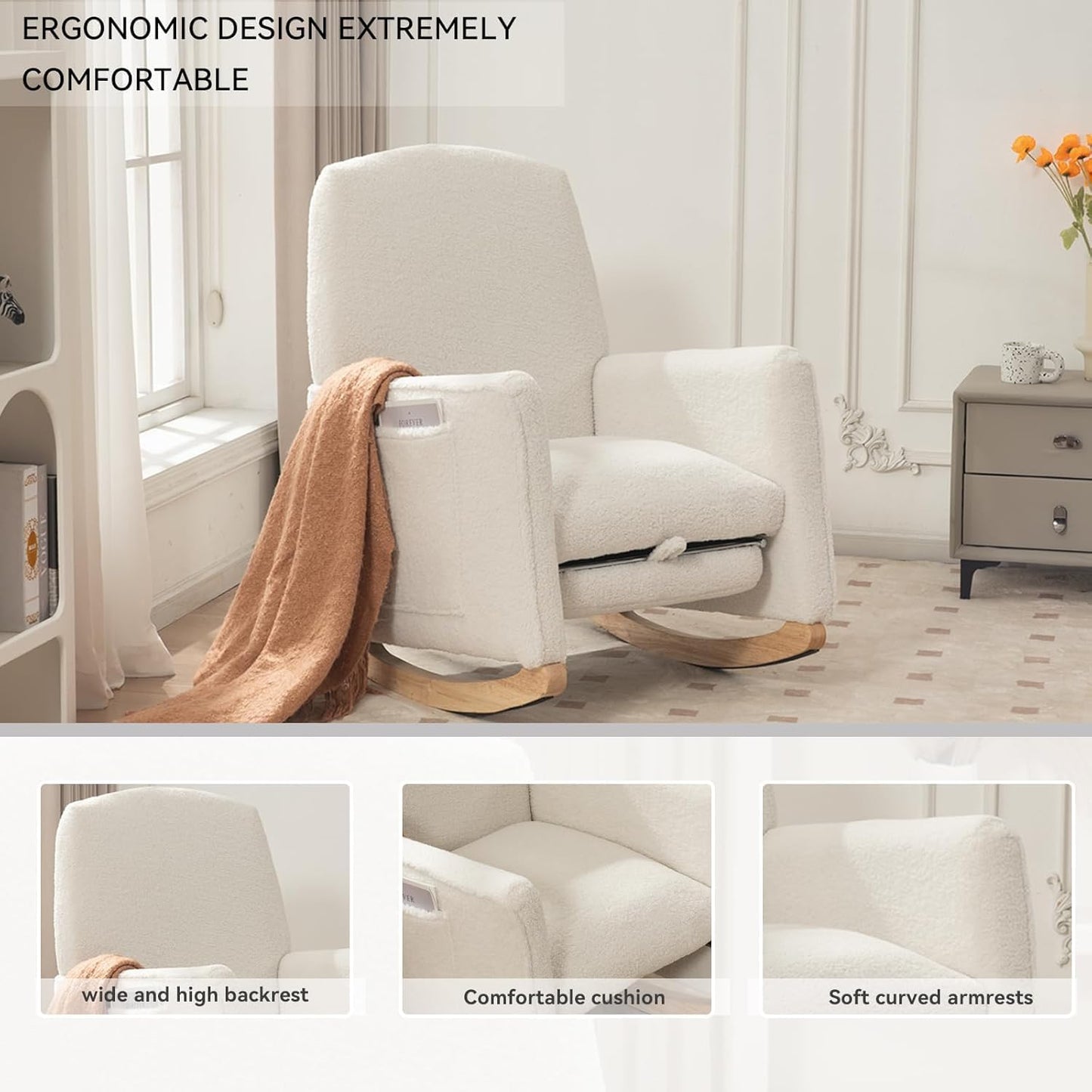 FOXHUNTER Rocking Chair Nursery with Adjustable Footrest and High Backrest, Upholstered Glider Chairs with Side Pockets for Nursery, Rocker Armchair Indoor for Living Room,Beige