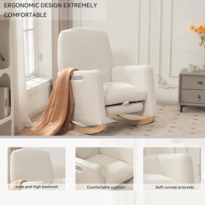 FOXHUNTER Rocking Chair Nursery with Adjustable Footrest and High Backrest, Upholstered Glider Chairs with Side Pockets for Nursery, Rocker Armchair Indoor for Living Room,Beige