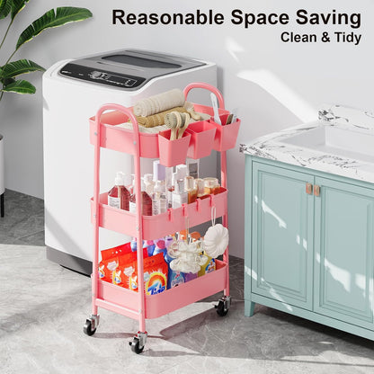 3 Tier Heavy Duty White Metal Rolling Cart with Lockable Wheels, Three Tier Roller Book Snack Cart, Utility Storage Organizer Carts for Kitchen, Bathroom, Garage, Baby Diaper, Craft, Art, Teacher