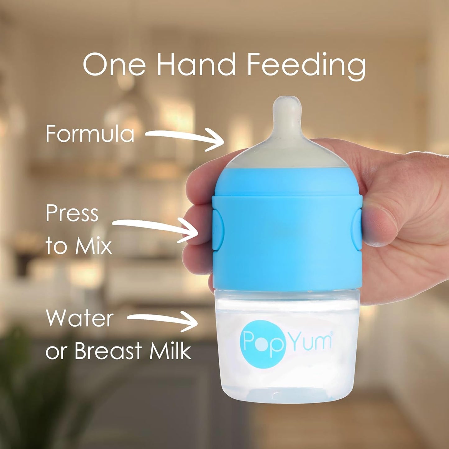 PopYum 9 oz Blue Anti-Colic Formula Making Baby Bottles, 3-Pack with #2 Medium Flow Nipples, 260 ml, BPA-Free, Natural Latch, Mixing, Dispenser