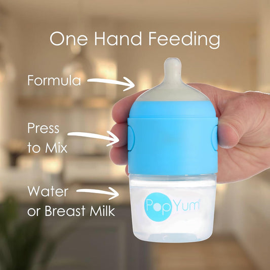 PopYum 9 oz Blue Anti-Colic Formula Making Baby Bottles, 3-Pack with #2 Medium Flow Nipples, 260 ml, BPA-Free, Natural Latch, Mixing, Dispenser