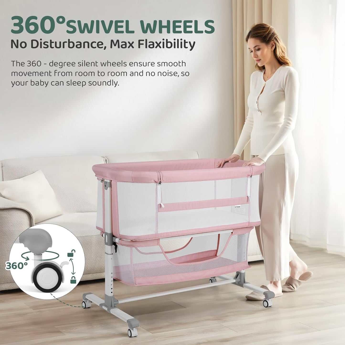 Cowiewie Bassinet Bedside Sleeper, Portable, Breathable, Adjustable Baby Bedside Bassinet for Peaceful Nights, Light Grey