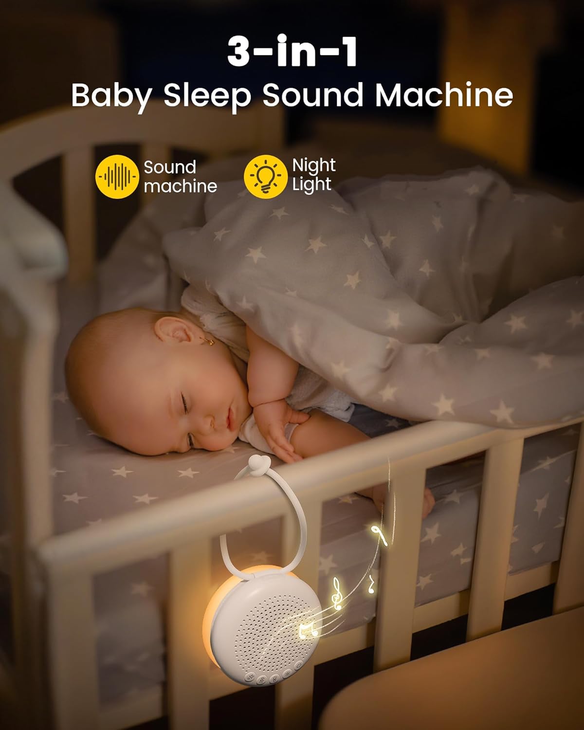 Glocusent 3-in-1 Portable Baby Sound Machine, White Noise Machine for Sleeping, Night Light & Phone Connected Speaker 34 Sounds Timing Function 1000mAh Large Battery Designed for Travel