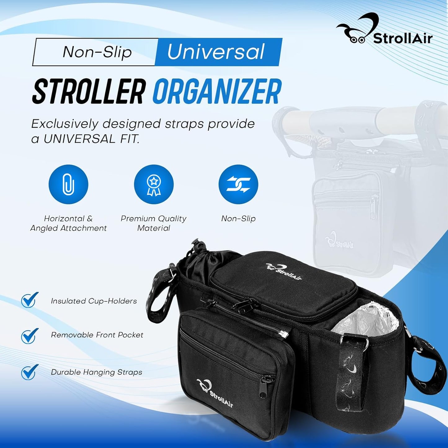 StrollAir Universal Stroller Organizer with Insulated Cup Holder, Stroller Caddy Compatible with Cosmos, Solo, Nuna, Baby Jogger, Bumbleride, Uppababy, Parent Drink Holder Stroller Accessories (Black)