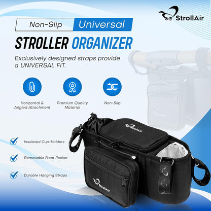 StrollAir Universal Stroller Organizer with Insulated Cup Holder, Stroller Caddy Compatible with Cosmos, Solo, Nuna, Baby Jogger, Bumbleride, Uppababy, Parent Drink Holder Stroller Accessories (Black)