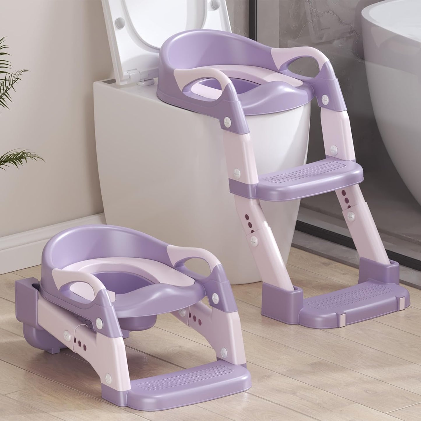 2-in-1 Toddler Potty Training Toilet Seat with Step Stool Ladder – Adjustable Height Potty Chair Urinal for Baby Boys Girls Age 1-3, Foldable Training Potty with Splash Guard & Anti-Slip Feet, Grey