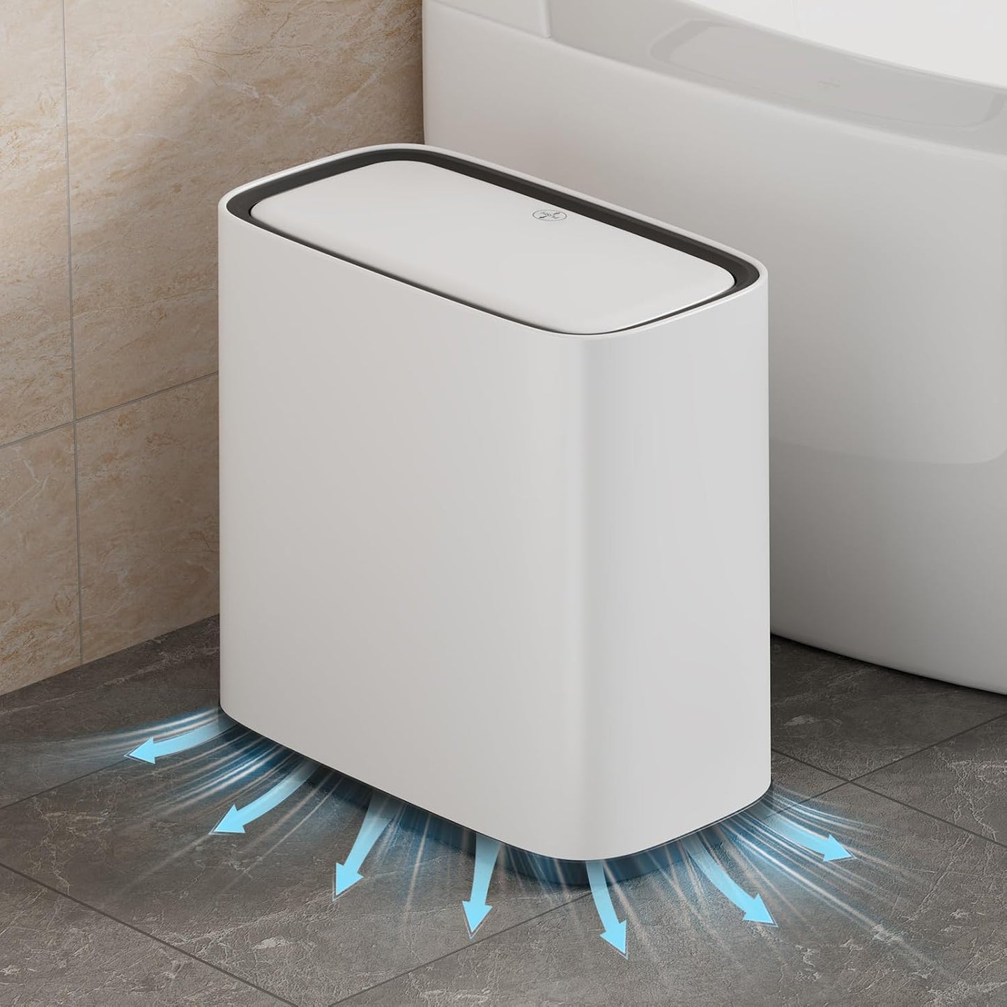 Small Bathroom Trash Can with Lid, 8L / 2.1 Gallon Narrow Garbage Bin with Wheels, Air-Press Bag Expander & Inner Bucket, Press Top Wastebasket for Bedroom, Office, Toilet, Odor Sealing Diaper Pail