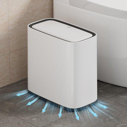 Small Bathroom Trash Can with Lid, 8L / 2.1 Gallon Narrow Garbage Bin with Wheels, Air-Press Bag Expander & Inner Bucket, Press Top Wastebasket for Bedroom, Office, Toilet, Odor Sealing Diaper Pail