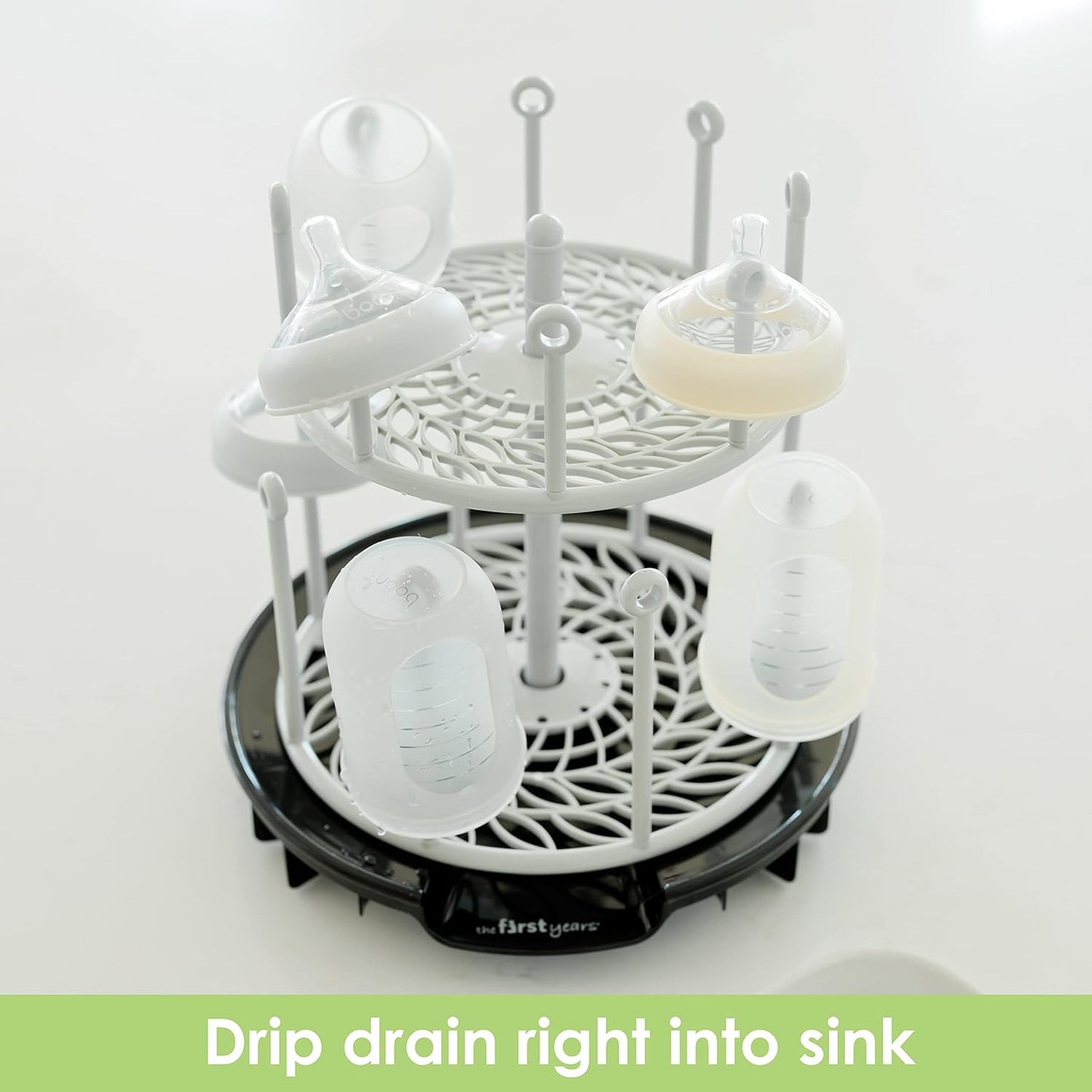 The First Years Spin Stack Bottle Drying Rack - Black - 2-Tier Rotating Countertop Drying Rack for Up to 16 Bottles - Baby Essentials for Everyday Use