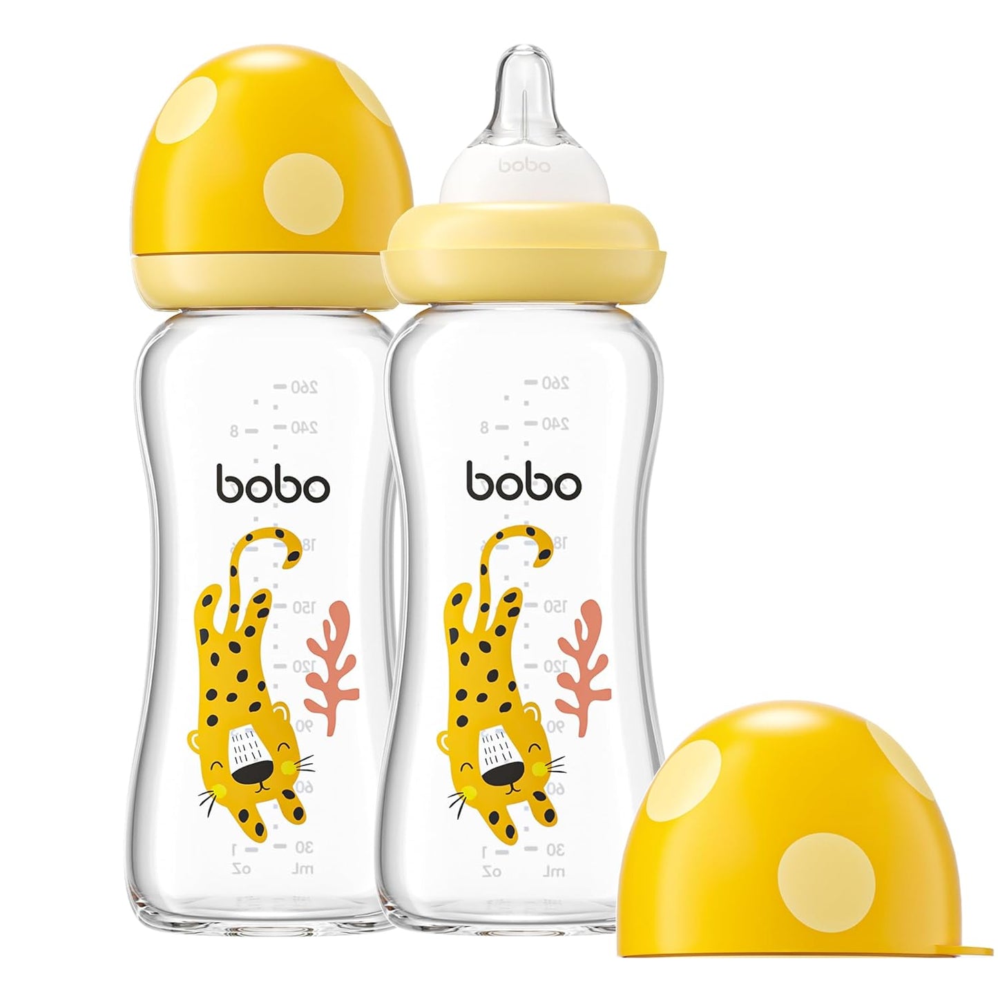YOHKOH Natural Glass Baby Bottle with Level 1 Slow Flow Nipple, Newborn Anti-Colic Baby Bottles, Wide Neck Mushroom Baby Glass Bottle (Multicolour-A, 3.4oz (Pack of 4))