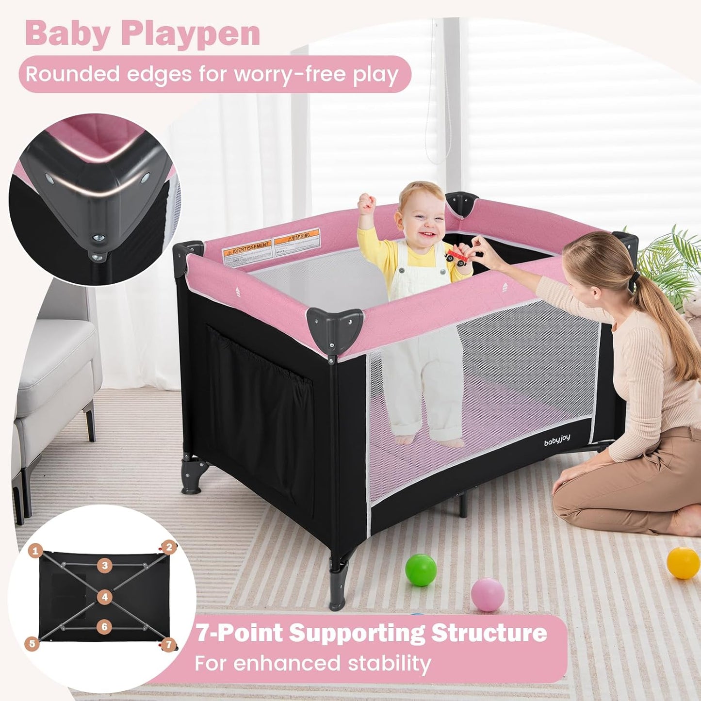 BABY JOY 3 in 1 Pack and Play, Travel Baby Crib Bassinet Bed with Bassinet, Changing Table with Safety Belt, Toy Bar, Lockable Wheels, Portable Baby Playard from Newborn to Toddler