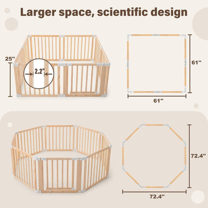 Foldable Wooden Playpen-51x51x25in-Large Baby Gate Playpen with Child-Proof Lock-Easy Assembly, Portable Design for Babies & Toddlers- Shape& Size Adjustable Baby Fence Play Area (Wood, 6 Panel)