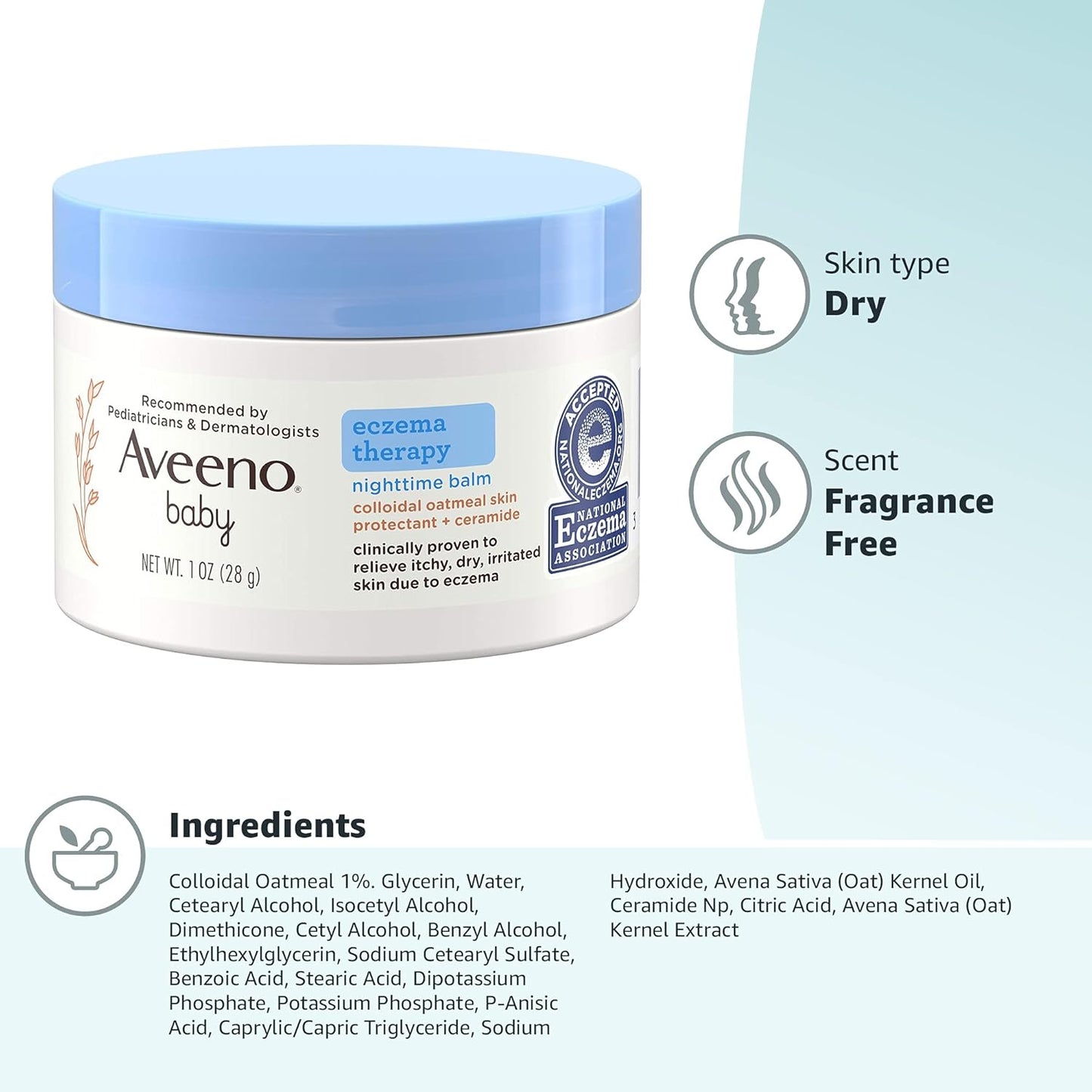 Aveeno Baby Eczema Therapy Nighttime Body Balm, Moisturizing Eczema Treatment, Ceramides, Triple Oat Complex, Soothes Dry, Itchy Skin, Hypoallergenic, Fragrance & Steroid Free, 11oz
