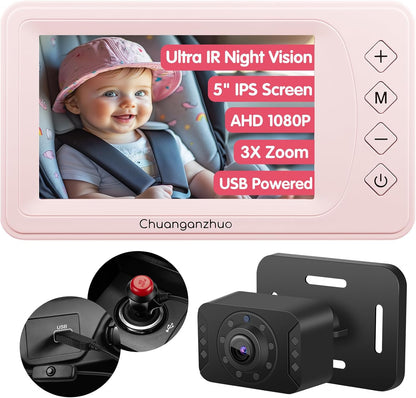 Baby Car Camera USB with No.1 Clarity, 5'' HD 1080P IPS Baby Car Monitor with 3X Zoom, Backseat/Carseat/Rear Seat Camera with Ultra Night Vision, Easy No-Damage Install, S100P(5inch Black)