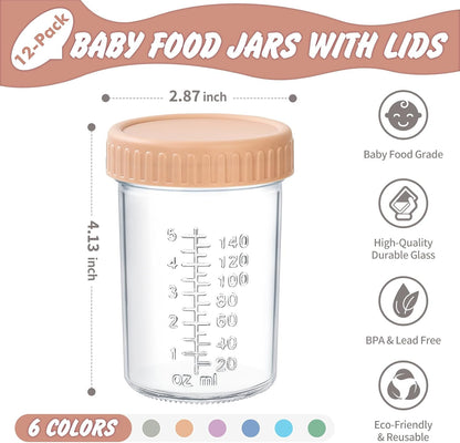 DRKIO 12 Pack Glass Baby Food Storage Containers - 4 Oz Baby Food Jars with Lids Baby Food Maker Microwave Dishwasher Freezer Safe 100% Leak Proof BPA Free Reusable