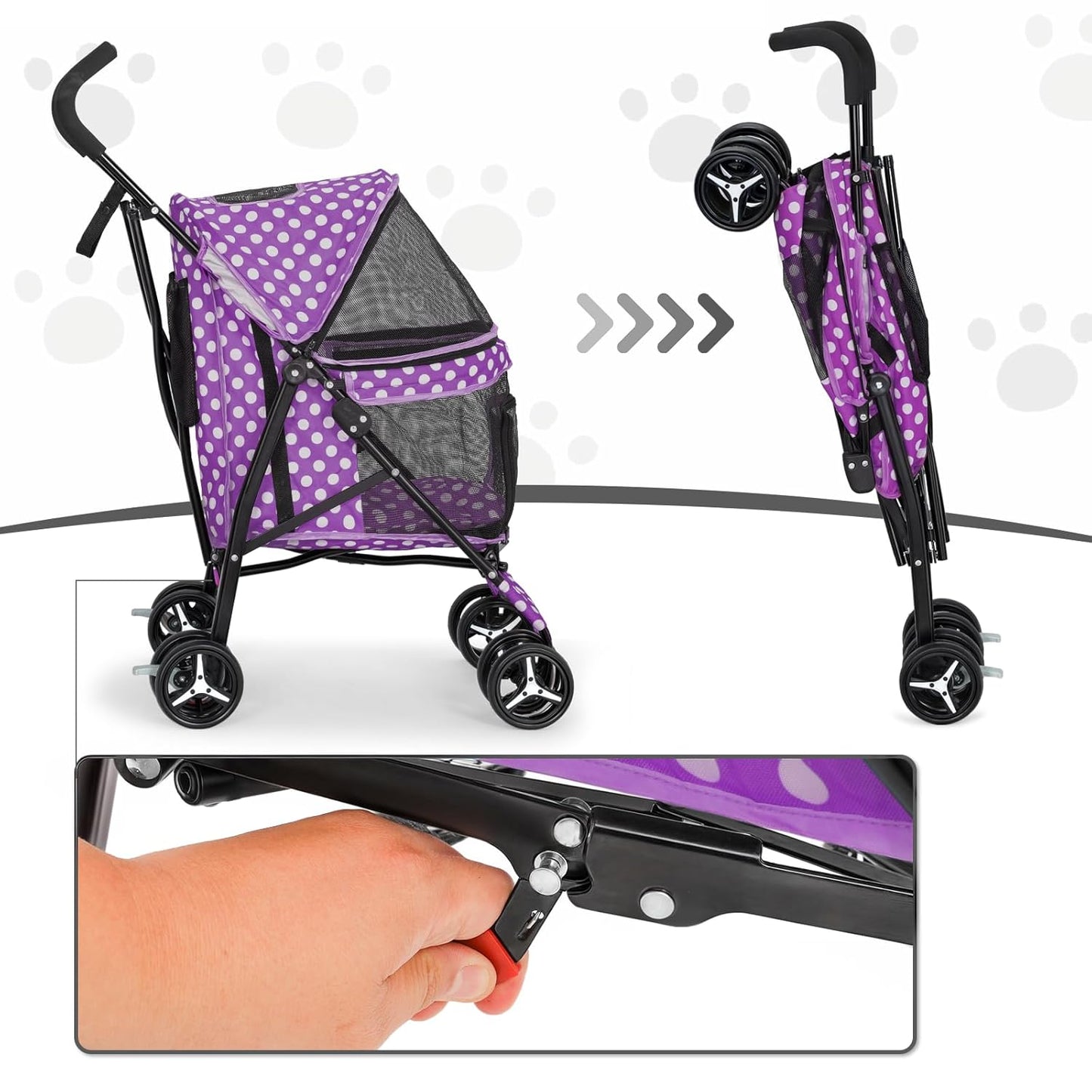 MoNiBloom 4 Wheels Pet Stroller, Easy-Fold Puppy Cage Jogger Stroller with Sun Cover, Pad and Rear Storage Bag, Breathable and Visible Mesh for Small/Medium Pets up to 22 lbs, Black