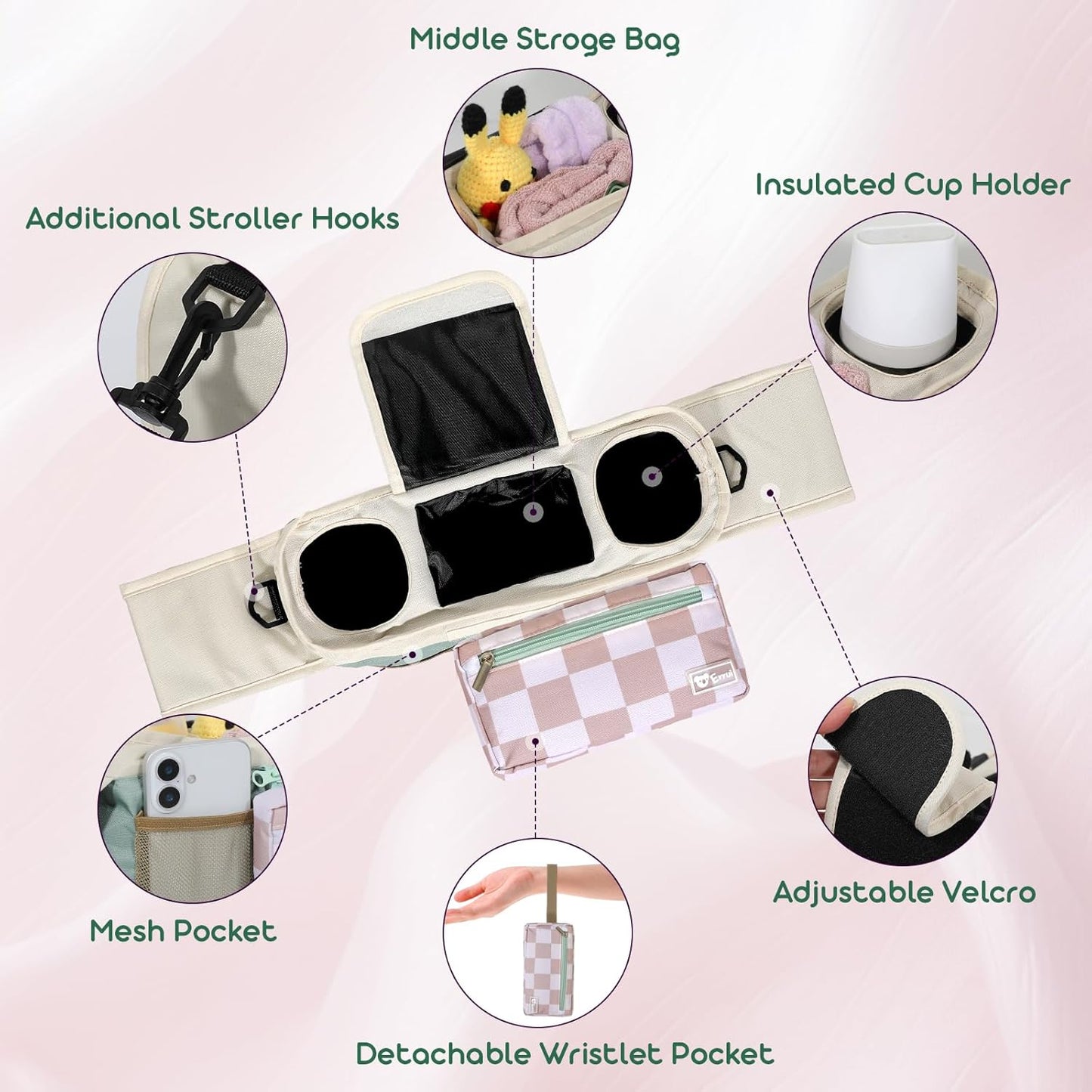 Universal Stroller Organizer with Insulated Cup Holders and Detachable Phone Bag,Stroller Caddy Fits for Stroller Accessories like Uppababy, Baby Jogger, Doona, Nuna Stroller (Green Square grid)