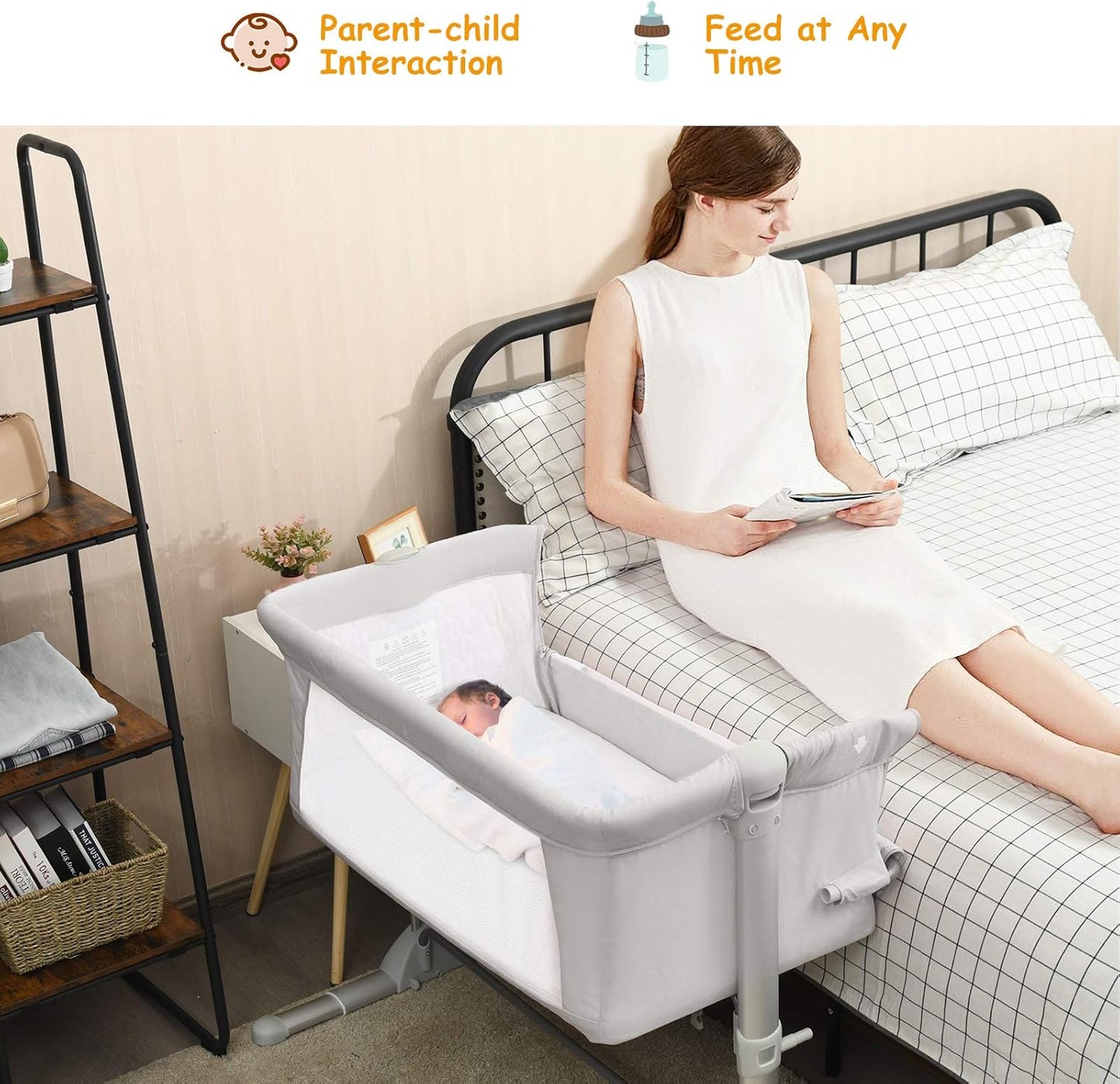 BABY JOY Baby Bedside Crib, Portable Travel Sleeper Bed Side Bassinet w/Carrying Bag, Newborn Bassinet to Infant, Kids Crib with Detachable Mattress, Height Adjustable Design, Breathable Mesh, Grey